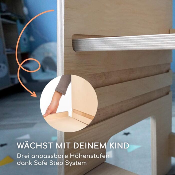 Стілець-лесенка Montessori Mobli: для малюків, регульовані сходинки, біле дерево (береза, натуральний колір)