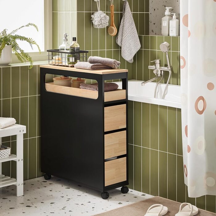 Шафка для ванної кімнати SoBuy з колесами, вузька шафка з 3 висувними ящиками, компактна тумбочка з дерева, навісна шафка для маленьких ванних кімнат, туалетів та кухонь, біла, 65x23x82 см, BZR54-W (чорний)