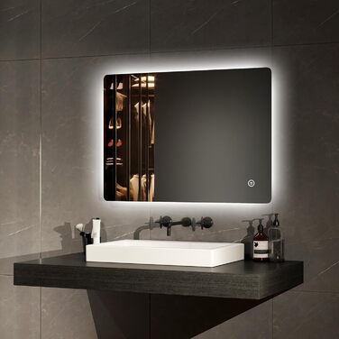 Дзеркало для ванної кімнати EMKE з підсвічуванням 50x70 см, регульована яскравість, LED, сенсорне керування, функція пам'яті, холодний колір, IP44, енергозберігаюче