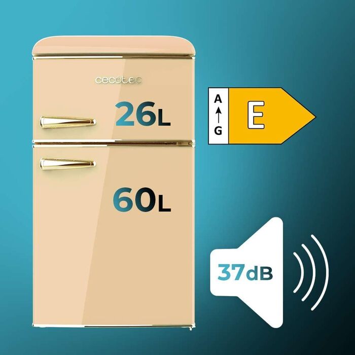 Холодильник Cecotec Bolero CoolMarket 2D Origin 86L Beige: Ретро дизайн, 89.3 x 48.7 см, 86 л, Клас E, з Ice Box та внутрішнім освітленням
