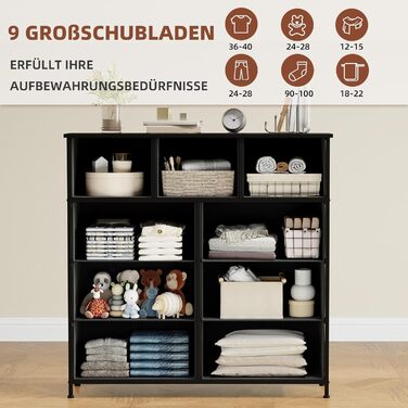 Комод Somdot з висувними ящиками, тканинний комод, комод для спальні, вітальні, передпокою, шафа для зберігання, 5 тканинних ящиків, білий колір (чорний, 30T x 100B x 96.5H см (9 ящиків))
