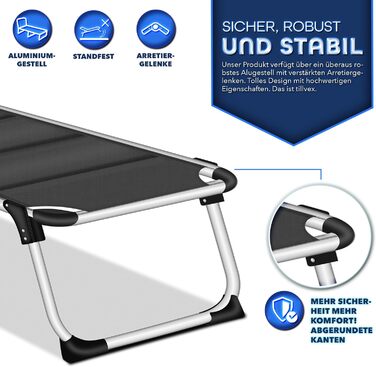 Сонячне ліжко Tillvex® з дахом та подушкою для голови | Садова розкладна ліжко-шезлонг | Пляжне ліжко з регульованою спинкою | Алюмінієва ліжко (з преміум-подушкою), Чорний