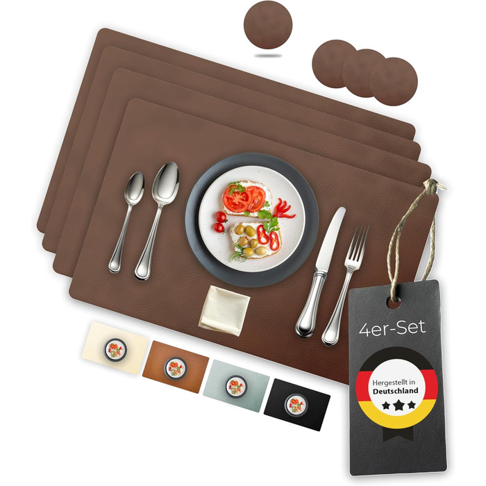 Набори серветок на стіл, 4 шт. – екологічні, стабільні та неслизькі – з високоякісної переробленої шкіри, Made in Germany (Темно-коричневі)