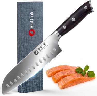 Японський ніж Сантоку 18 см, професійний кухонний ніж з нержавіючої сталі, для м'яса та овочів, ергономічна ручка з ебенового дерева, кут заточування 15°, подарункова коробка, 10 років гарантії