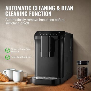 Автоматична кавомашина VEVOR CM9002E-GS з вбудованою кавомолкою, 15 ступенів помелу, об'єм резервуару для води 1,5 л, ємність для зерен 180 г