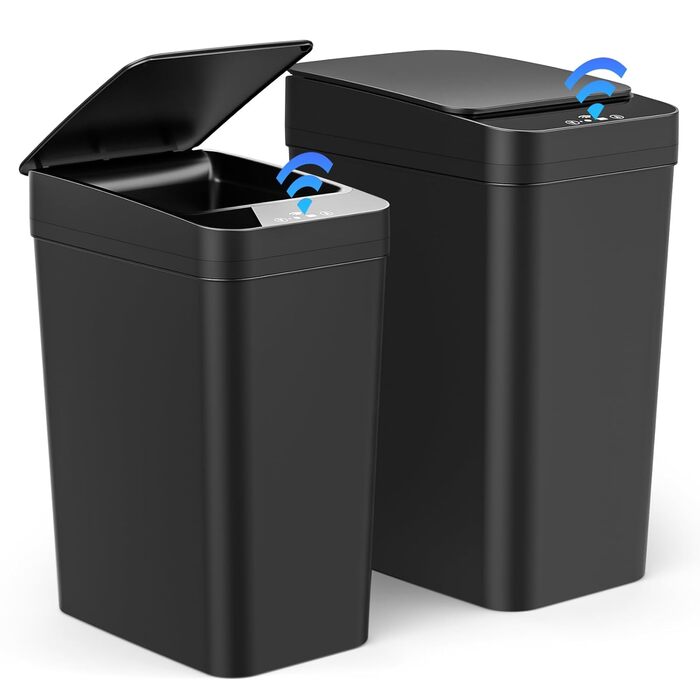 Набір сміттєвих відер Dreamhigh 2 шт. з сенсором, 15L та 12L, електричні, з автоматичним відкриванням кришки, смарт-відра з 3 режимами відкривання, тихі та водонепроникні для кухні, ванної, офісу, вітальні, чорного кольору
