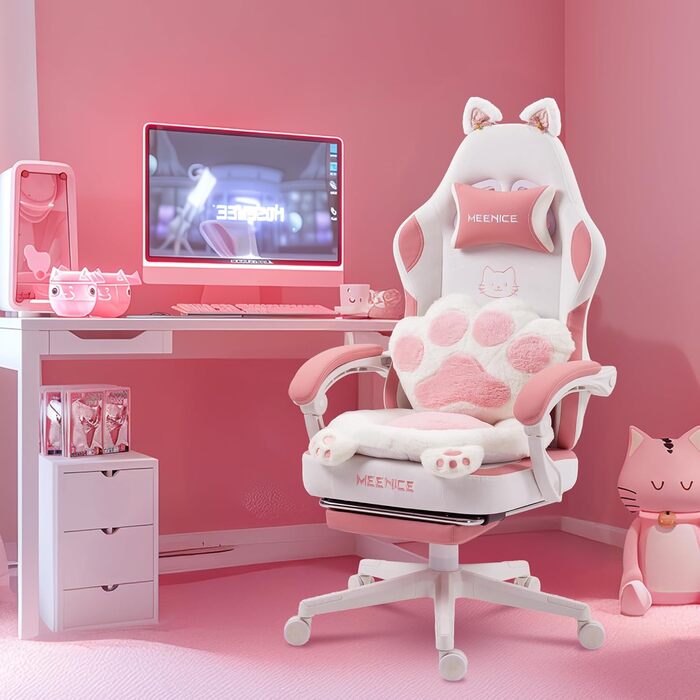 Ігровий крісло MEENICE Pink Katze з підголовником у вигляді лапки кота та вушками, з підніжкою, ергономічний ПК стілець для дітей та дорослих, рожево-білий, 200 кг