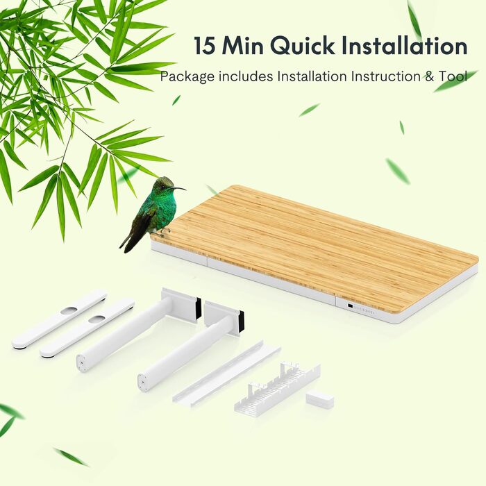 Електричний регульований стіл FLEXISPOT з торкальною панеллю та USB, стіл з висувною шухлядою та скляною стільницею, туалетний столик (сніжно-білий), скляна стільниця (140 x 70 см, бамбук / білий (з Qi))