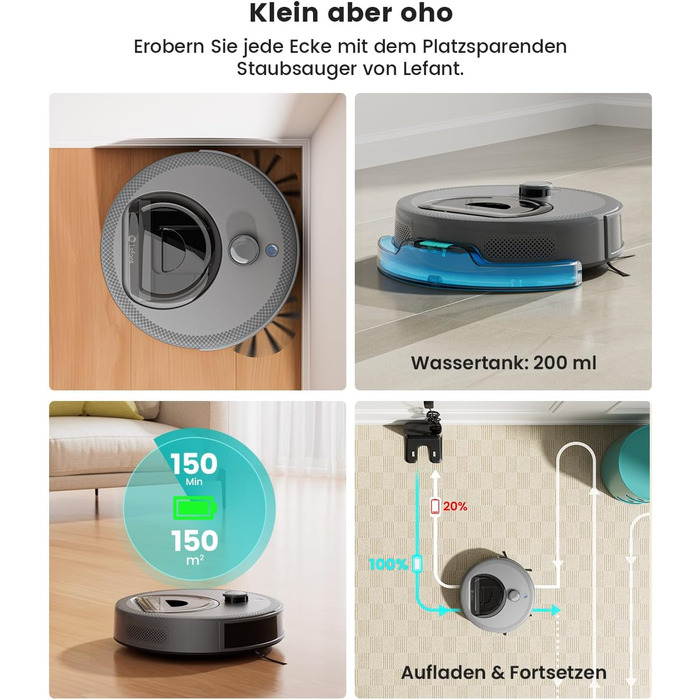 Робот-пилосос LEFANT M330 Pro з функцією миття, 5000Pa, лазерна навігація, PSD-технологія, керування через додаток, 160 хв роботи, для тварин, килимів, твердих підлог, сірий