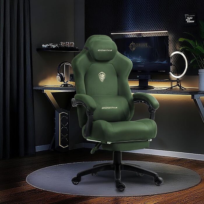 Ігрове крісло Dowinx з масажем попереку, регульованою підголівником, потовщеним сидінням, висувною підніжкою, регульованими підлокітниками, мікрофіброю велюром, нахилом 160°, (зелене)