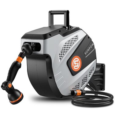 SUNPOW Ротаційний барабан для шланга на стіну 15м з розпилювачем - сірий, для дому та автомобіля, автоматичний збір