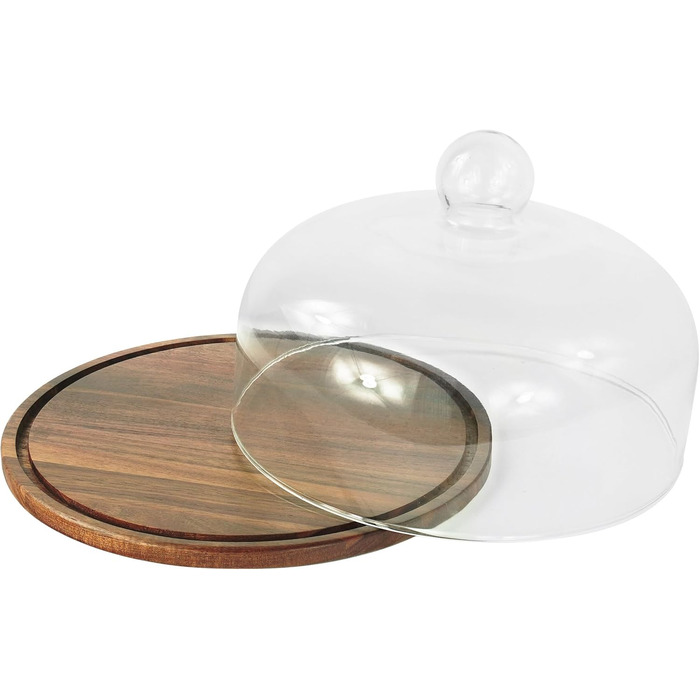Таця Relaxdays з кришкою, скляна, для тортів та закусок, зберігає свіжість, 16x28 см, дерев'яна (акація)