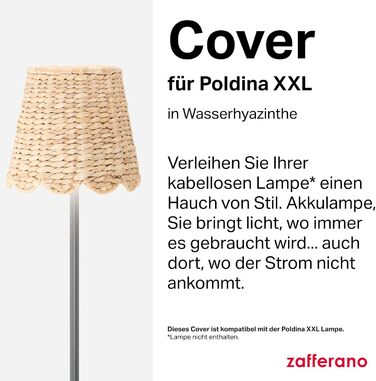 Zafferano Poldina XXL: Бездротова LED-лампа на акумуляторі з торшером, регульована висота 69-150 см, диммер, 2700-3000K, для вітальні та зовні, з зарядним пристроєм (Poldina Cover, ротанг)