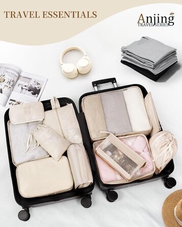 Набір органайзерів для подорожей Anjing (11 предметів), водонепроникні пакувальні куби для валізи, навігаційні органайзери для одягу, темно-синій/бежевий