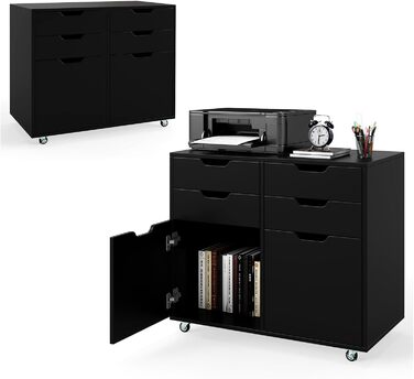 Шафа для документів Komfotteu з 5 колесами, контейнер на коліщатах з 4 шухлядами та 2 дверцятами, дерев'яний офісний контейнер, шафа для документів, візок для офісу, стіл для принтера для офісу, вітальні (Білий) (Чорний)