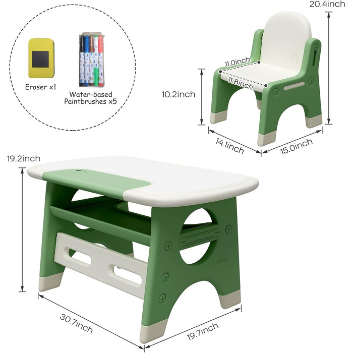 Дитячий стіл і стілець для малювання з дошкою, що стирається, акварельними олівцями та табуретом (зелений)