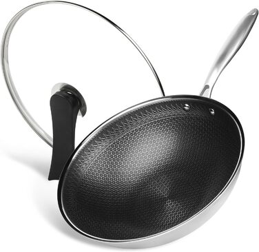 Вок RIOVARM 32 см з нержавіючої сталі з кришкою, антипригарне покриття, плоске дно, індукційні та газові плити, посудомийна машина, духовка, тришарова структура