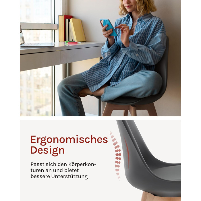 WOLTU Комплект з 4-х кухонних стільців, скандинавський дизайн, штучна шкіра, масивні дерев'яні ніжки, до 150 кг, сірий