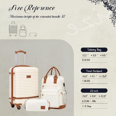 Набір валіз Coolife 3 шт. (BP/TB/20), ручна поклажа, TSA-замок, спіннер-колеса, жорсткий корпус, легкий, білий/оптимальний сад