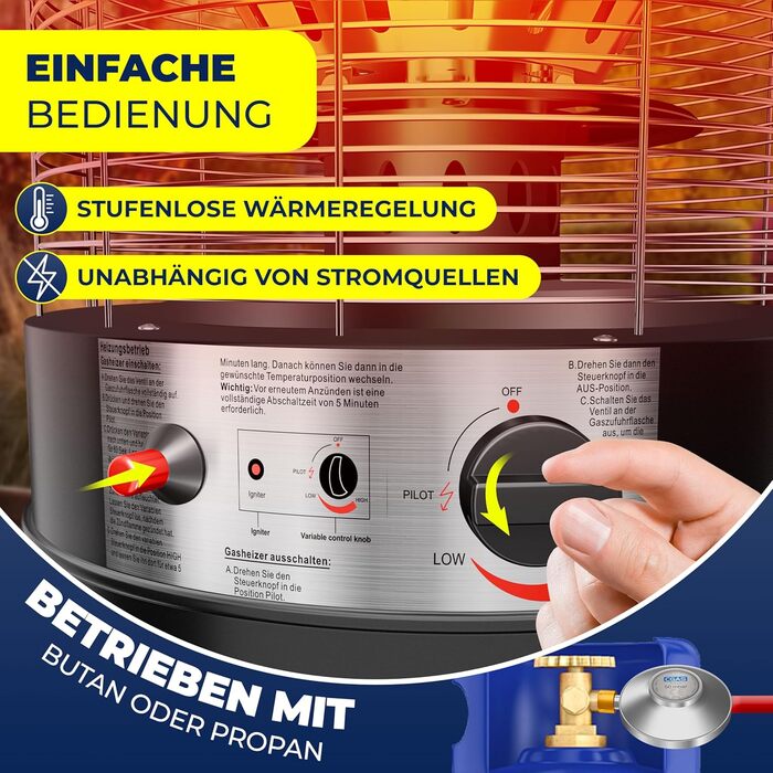 Газовий обігрівач KESSER® KE12 - Тепло для тераси: 10 кВт, з захисним чохлом, чорний (Газовий балон не входить у комплект)