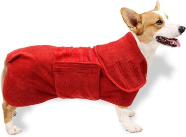 Халат для собак, купальний халат для собак, супер вбираючий вологу з мікрофібри, комір і талія можуть бути змінені за розміром (м 45 см ззаду, червоний)