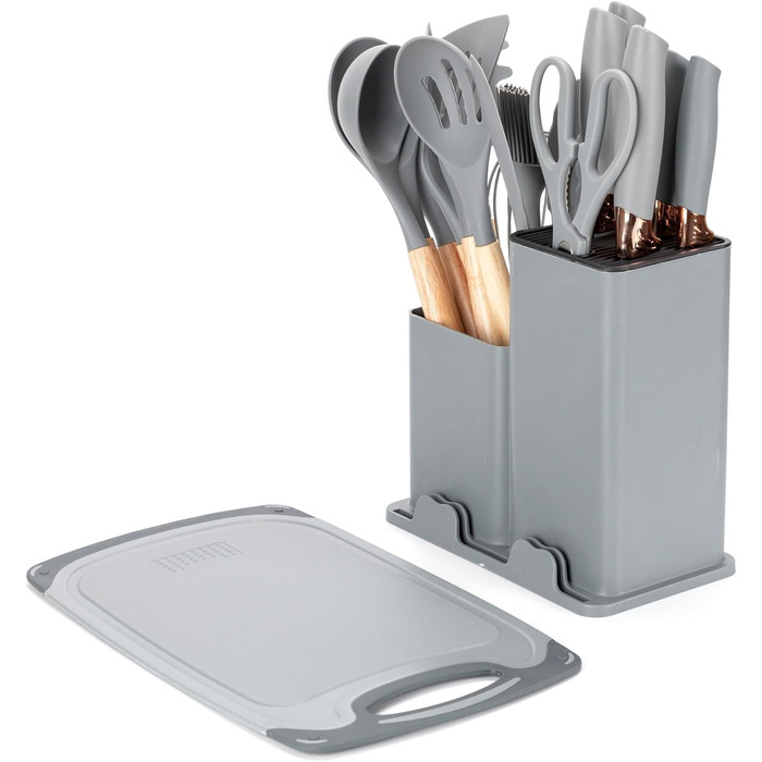 Набір кухонних ножів EliteHoff 19 предметів – набір кухонних аксесуарів з силікону з дерев'яними ручками, 5 ножів, 12 аксесуарів, дошка для нарізання та підставка – безпечний для харчових продуктів, придатний для миття в посудомийній машині, чорний (E-607