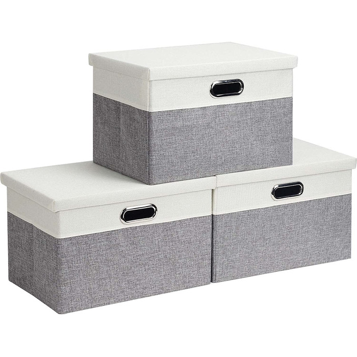 Ящик для зберігання Febzoce з 3 предметів з кришкою великий складаний тканинний ящик для зберігання кошик кошик органайзер для сміття великий, 39x27x25 см (натуральний сірий / білий, дуже великий-3 шт.)