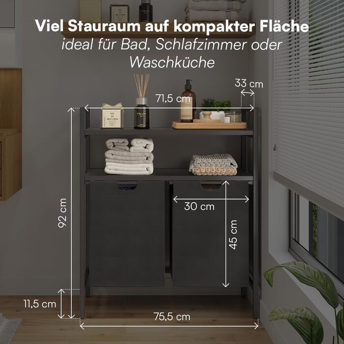 STEELSØN Rigil Кошик для білизни з 2 відділеннями та полицею з бамбука – 2 кошики по 45 л, чорний – металевий сортер для білизни з висувними мішками