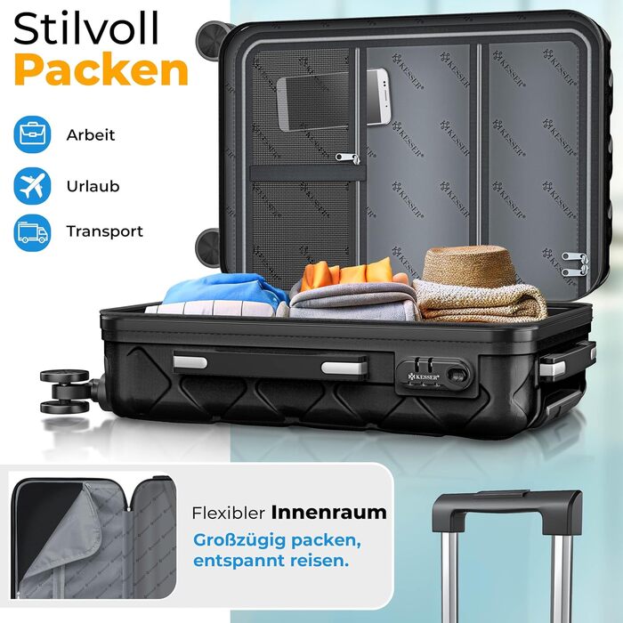 Набір валіз KESSER з 3-х предметів, ABS пластик, жорсткий корпус, з кодовим замком, вагами для багажу та дорожньою сумкою, колеса 360°, чорний