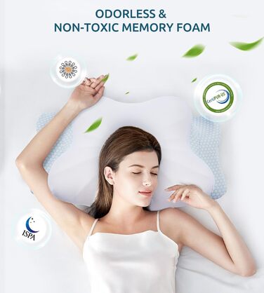 Подушка для шиї, подушка з піною з пам'яті, ергономічна подушка для шиї, подушка для тих, хто спить на боці, на спині та животі, сіро-білий колір (блакитний), 70 x 42 x 14 см