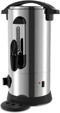 Глювайновий нагрівач з 10 чашками | 1500W нагрівач гарячих напоїв з нержавіючої сталі з термостатом 30–110°C, функцією підігріву та краном | Глювайновий автомат для вечірок (8л, срібний)