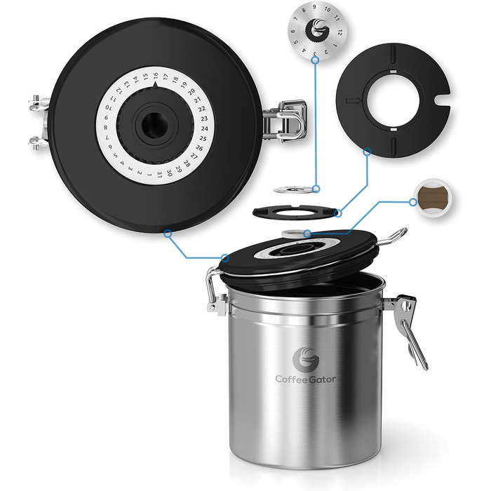 Набір кавових контейнерів Coffee Gator з нержавіючої сталі (2 шт.) – зберігає каву свіжою довше. З датою розкриття, CO2-вентилем та мірною ложкою.