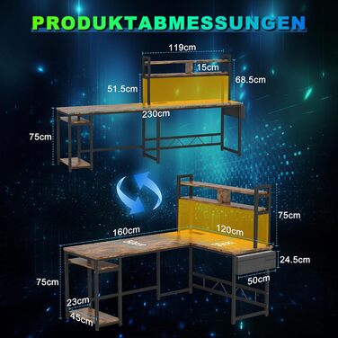 Ігровий стіл Devoko з підсвічуванням LED, 160x120 см, з розетками та USB, вінтажний коричневий. Комп'ютерний стіл з місцем для зберігання для геймерів та дому