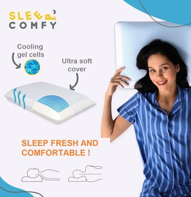 Ортопедична подушка для сну Comfy Premium Gel Memory Foam з гелевим охолодженням, 60x40x14/12 см. Підтримка шиї, для тих, хто спить на боці та на спині.