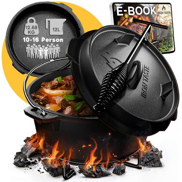 Набір чавунних казанів Dutch Oven 12л з кришкою, підйомником та підставкою з нержавіючої сталі, на 10-16 осіб