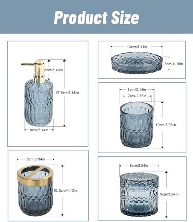 Скляний набір для ванної кімнати дозатор для мила, тримач для зубних щіток, мильниця, кружка, контейнер для ватної палички (синій), 5 шт.