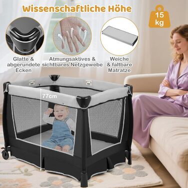 Дитяче туристичне ліжко COSTWAY 5 в 1 з матрацом, сірим кольором, до 15 кг, з пеленатором та іграшкою