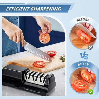 Електричний точило для ножів MusyVocay з алмазним покриттям, професійне 3-ступеневе, кухонне точило з регулюванням кута 20 градусів для грубого шліфування та відновлення леза (чорний)