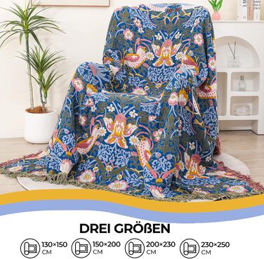 Плед Boho з 100% бавовни, стиль кантрі, 150х200 см (Птахи та квіти)