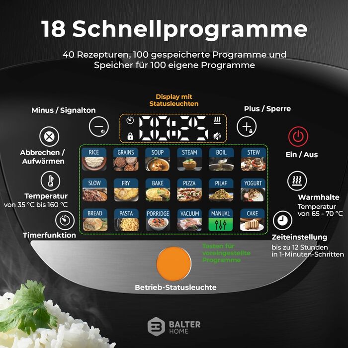 Бальтер Мультиварка-рисоварка, 4л, 18 програм, Fuzzy Logic, з аксесуарами та рецептами