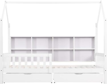 Ліжко дитяче 80x160 см з ящиками та віконцем, масивне дерево, захист від падіння, ламелі, для хлопчиків та дівчаток, ліжко-будиночок, без матраца, білий колір