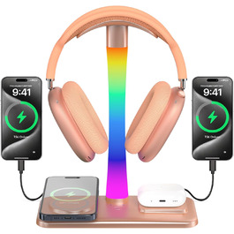 Підставка для навушників з бездротовим зарядним пристроєм, RGB-підсвічування, сумісна з AirPods Max, iPhone, Samsung, ідеальний подарунок для геймерів (Золото)