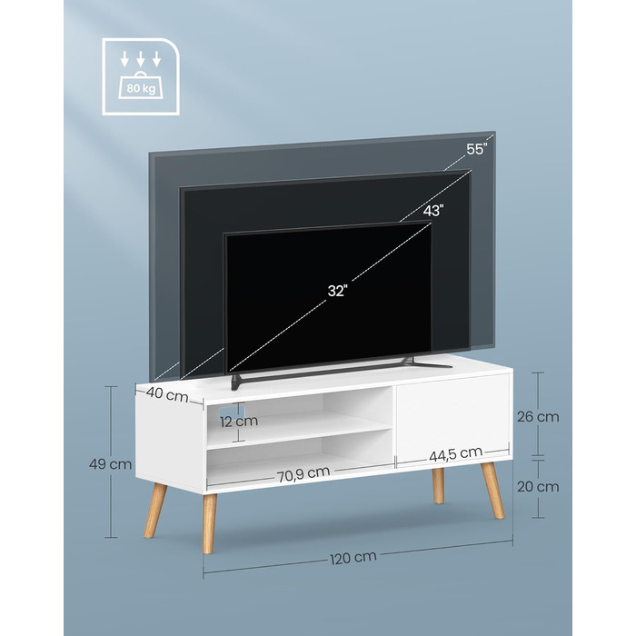 Тумба під телевізор VASAGLE LTV120T46, 120 см, для телевізорів до 55 дюймів, білий колір, тумба під ТВ, промисловий дизайн