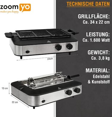 Мультиінфрачервоний гриль Zoomyo з паличкою для гриля, шампурами для шашлику, решіткою для гриля та багато іншого, гриль без диму навіть у приміщенні