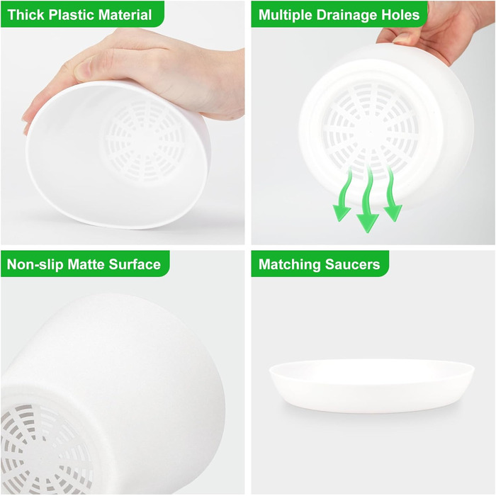 KINGLAKE Набір горщиків для квітів 8 шт. 17 см, пластикові горщики для рослин, квітів, кактусів та сукулентів з підставкою, кольорові (білі)