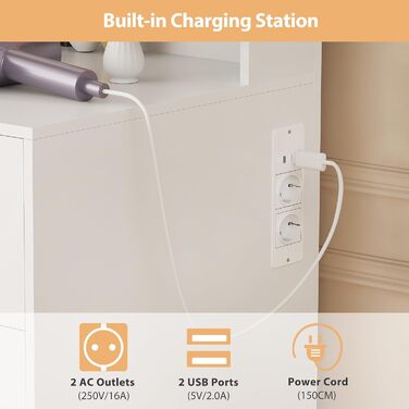 Великий туалетний столик ANWBROAD з LED-підсвічуванням (3 кольори) та розетками, білий, з дзеркалом та пуфом, 5 ящиків, скляні дверцята, 140x115x40 см, BDT68W