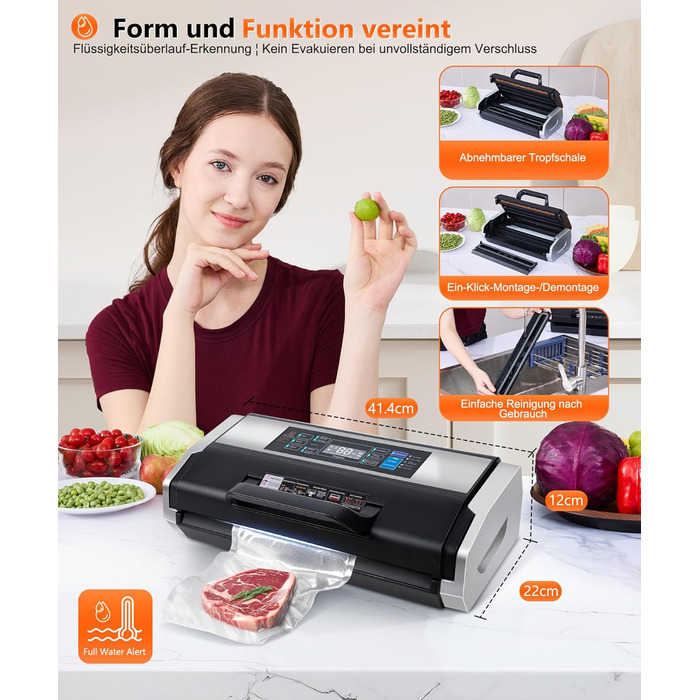 Вакууматор MZROT для продуктів харчування, -95кПа, 230Вт, з подвійним швом, 10 режимів (сухий/вологий), вбудованим різаком, чорно-сріблястий (в комплекті рулон та 15 пакетів)