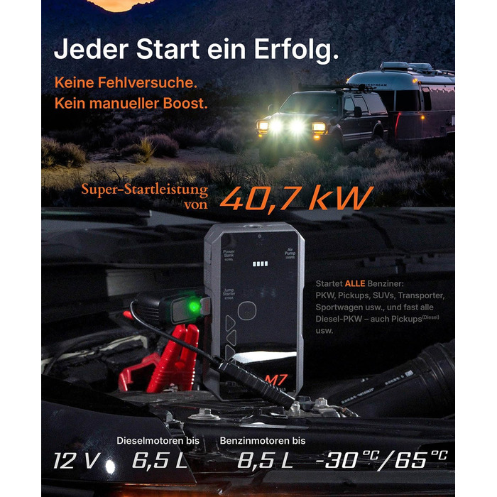 Портативний пусковий пристрій Smart Starthilfe Powerbank для автомобіля 12V з компресором, 150 PSI, 60Wh - для бензинових та дизельних двигунів до 8,5L та 6,5L відповідно