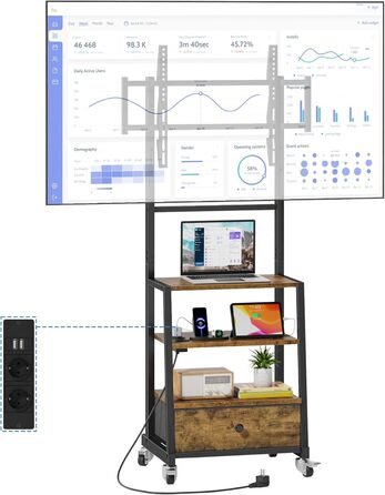 Тумба для телевізора на колесах з ящиком, для телевізорів 32-75 дюймів, регульована, з розеткою, коричнева, 140 см
