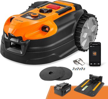 Газонокосарка-робот LawnMaster VBRM18AMID4R без обмежувального дроту, для газонів до 800 м², акумулятор 4 А·год, оптична навігація, уникнення перешкод, автоматична зарядна станція, функція забороненої зони, WiFi та Bluetooth управління через додаток